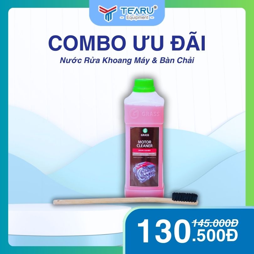 Combo dung dịch rửa khoang máy motor cleaner 1L và bàn chải vệ sinh đa năng cán gỗ dài