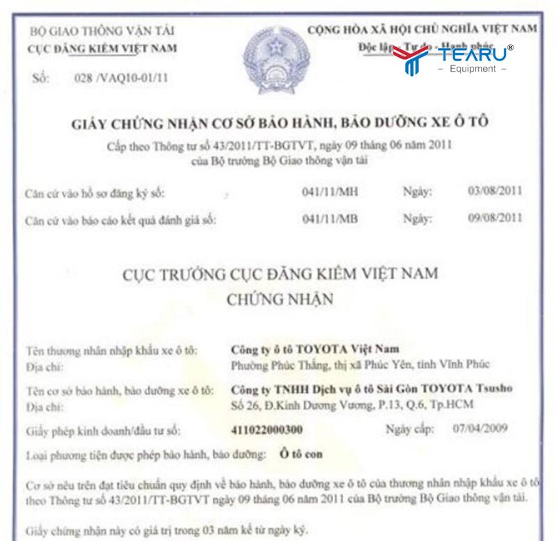 Chứng nhận cơ sở bảo hành, bảo dưỡng xe ô tô 