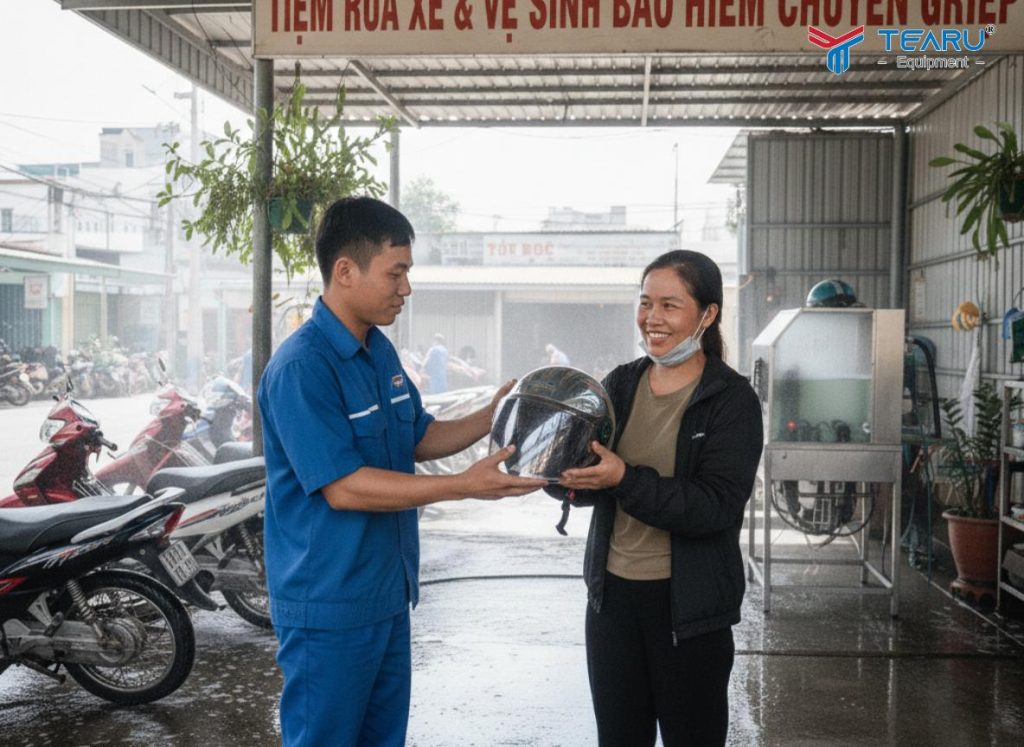 Mô Hình Rửa Xe Máy Kèm Dịch Vụ Vệ Sinh Nón Bảo Hiểm Hái Ra Tiền 4 Thời gian khách đợi rửa xe có thể tận dụng để vệ sinh nón bảo hiểm tiện lợi