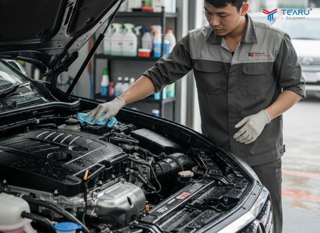 Những Lưu Ý Khi Vệ Sinh Khoang Máy Xe Ô Tô Tại Nhà Để Tránh Những Rủi Ro 4 Sau khi vệ sinh cần dùng khăn lau lại khô toàn bộ chi tiết máy