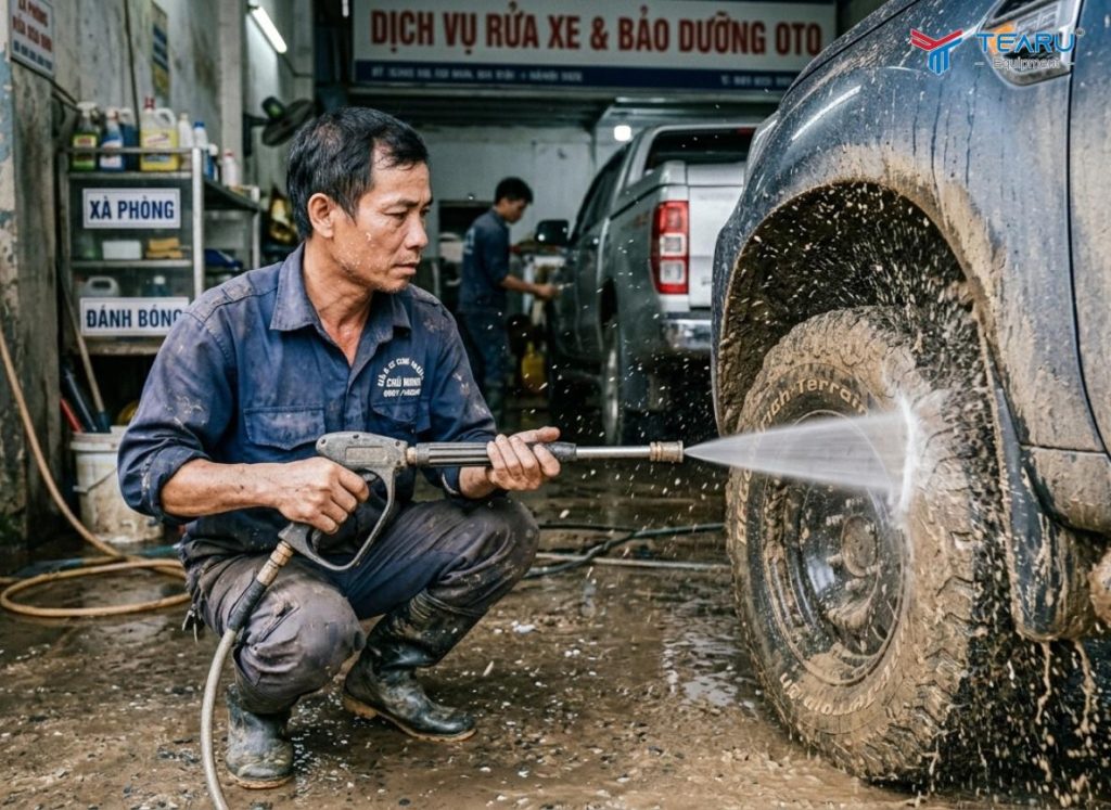 Những Vị Trí Khó Rửa Nhất Trên Một Chiếc Xe Và Cách Làm Sạch Hiệu Quả 2 Sử dụng máy xịt cao áp để rửa hốc bánh xe