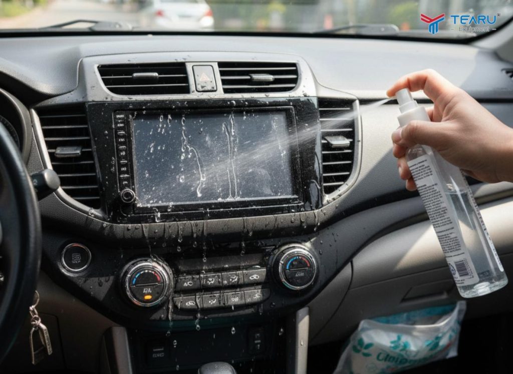 Sai Lầm Khi Vệ Sinh Nội Thất Ô Tô Mà Nhiều Tài Xế Việt Đang Mắc Phải 2 Không nên xịt trực tiếp dung dịch lên bề mặt thiết bị điện tử trên xe gây chập mạch