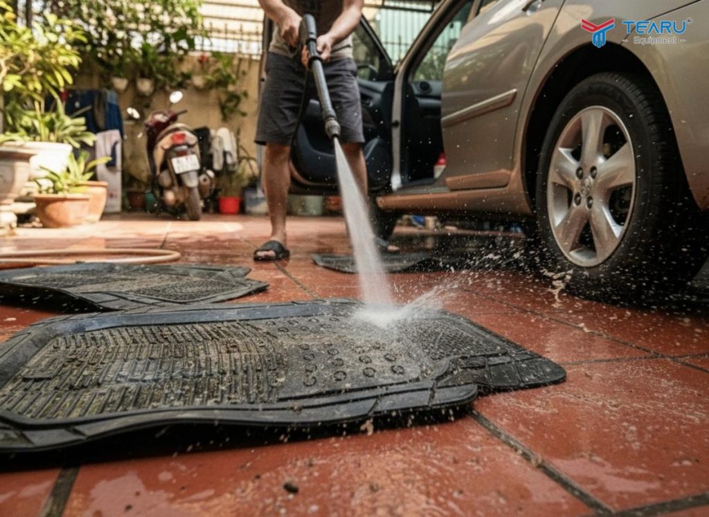 Giặt Thảm Ô Tô Trước Tết Tại Nhà: Cách Làm Sạch Nhanh, Khô Nhanh, Không Mùi 2 Xịt thảm bằng nước áp lực cao để dánh bay các bụi bẩn khô