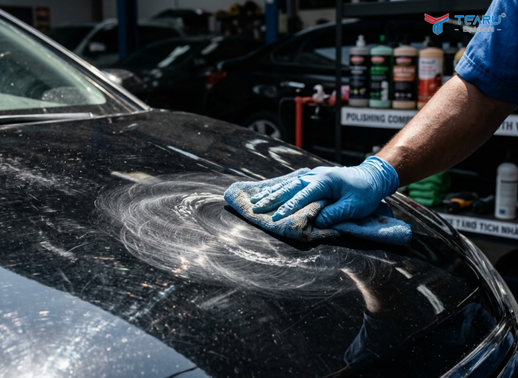 Những Lỗi Kỹ Thuật Nhân Viên Rửa Xe Thường Mắc Phải 4 Lau xe không đúng kỹ thuật để lại các vết xước dăm, xước xoáy trên bề mặt sơn xe