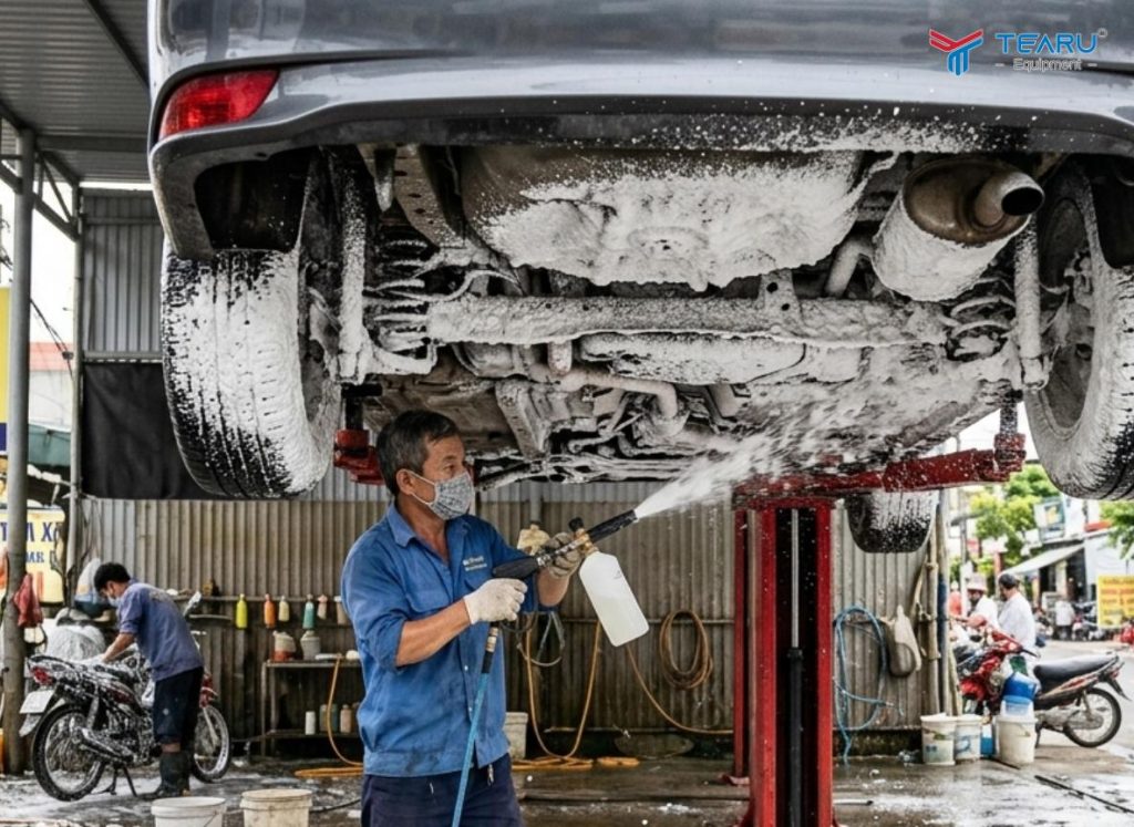 Hướng Dẫn Làm Sạch Gầm Xe Ô Tô Đúng Cách Giúp Xe Bền Bỉ Hơn 3 Phun dung dịch phủ đều bọt lên gầm xe để làm mềm và bóc tách vết bẩn cứng đầu