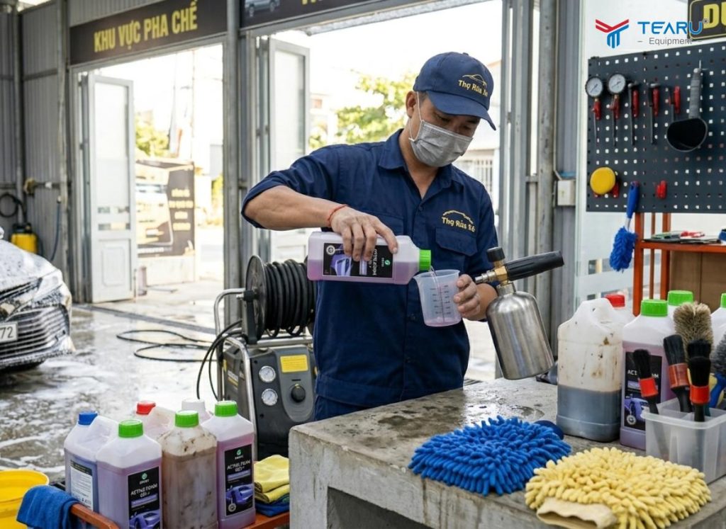 Ưu Điểm Của Phương Pháp Rửa Xe Không Cần Lau Chạm Bề Mặt 5 Khi rửa xe không chạm cần pha dung dịch đúng tỉ lệ khuyến nghị
