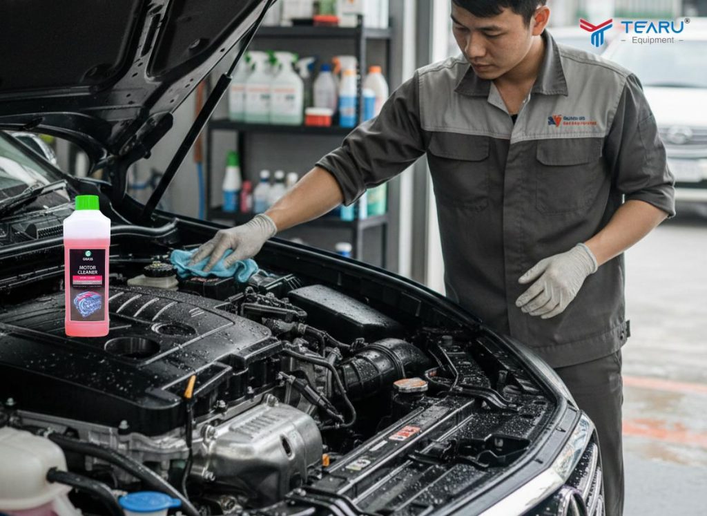 Nên Vệ Sinh Khoang Máy Bằng Hơi Nước Nóng Hay Hóa Chất Để An Toàn Cho Xe? 3 Rửa khoang máy bằng dung dịch vệ sinh khoang máy chuyên dụng Motor cleaner