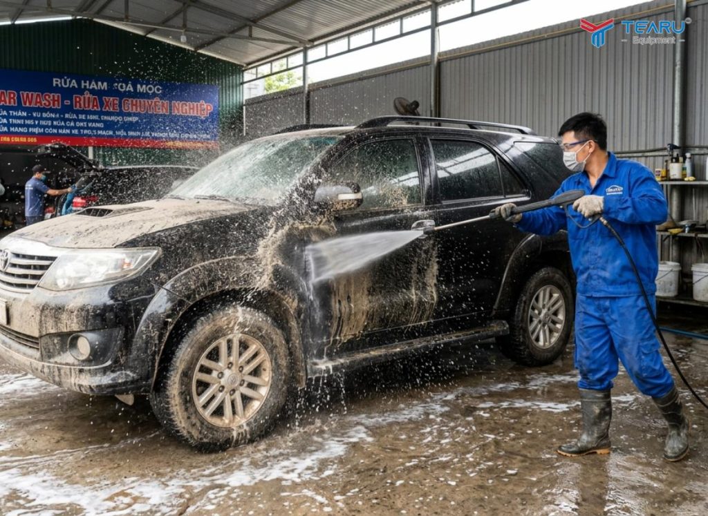 Cách Vệ Sinh Ngoại Thất Ô Tô Đậu Ngoài Trời Lâu Ngày Không Bị Hư Sơn 2 Đầu tiên cần xịt rửa sơ bộ để rửa trôi bụi bẩn và rác trên xe