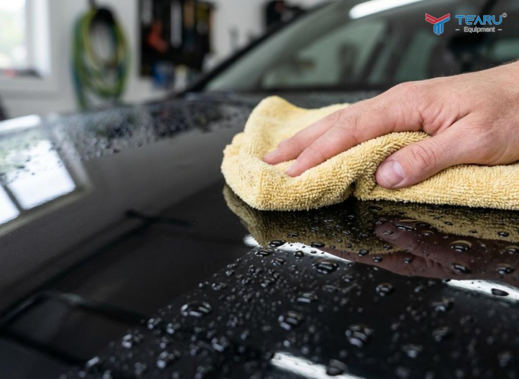 Bí Quyết Làm Khô Xe Nhanh Chóng Không Để Lại Vệt Nước Trên Sơn Xe 2 Cần sử dụng khăn microfiber chuyên dụng để lau khô nước đọng trên xe mà không để lại vệt