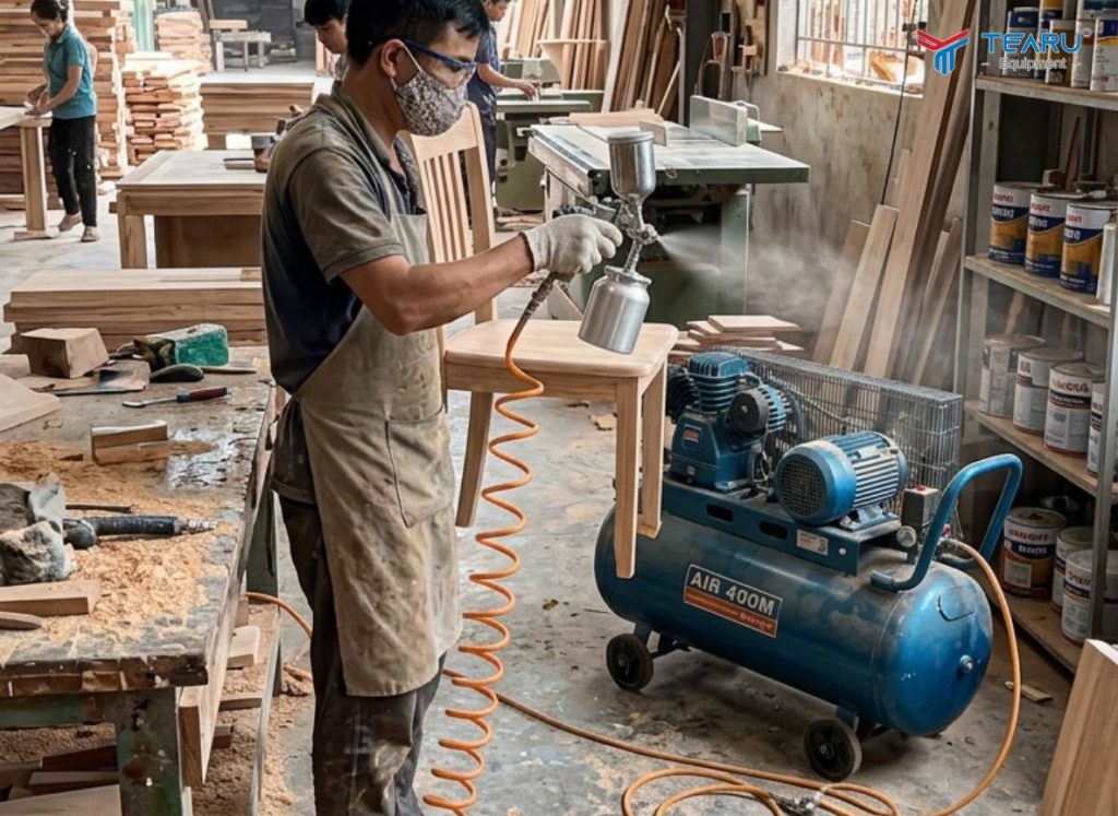 Top 9 Ngành Nghề Không Thể Thiếu Máy Nén Khí Bạn Nên Biết 3 Trong ngành mộc máy nén khí đóng vai trò thổi bụi và phun sơn PU trên bề mặt gỗ