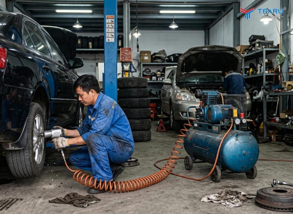 Top 9 Ngành Nghề Không Thể Thiếu Máy Nén Khí Bạn Nên Biết 2 Trong gara thì máy nén khí được ví như trái tim của toàn xưởng vì tính ứng dụng cao