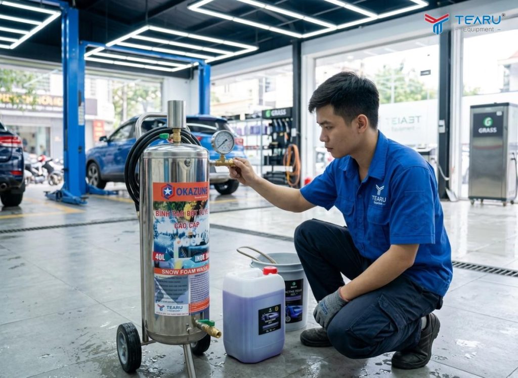 Cách Pha Dung Dịch Không Chạm Vào Bình Bọt Tuyết Inox Chuẩn Tỷ Lệ, Hiệu Quả Cao 3 Bình bọt tuyết inox 304 Okazune được sản xuất bởi công ty Tearu với hơn 10 năm kinh nghiệm trong lĩnh vực giải pháp chăm sóc xe