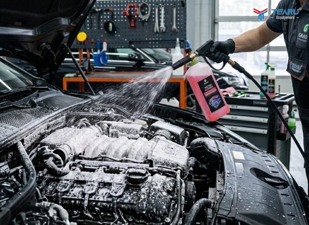 Bao Lâu Nên Vệ Sinh Khoang Máy Ô Tô Để Xe Luôn Bền Đẹp? 4 Phun đều dung dịch Motor Cleaner lên bề mặt khoang máy