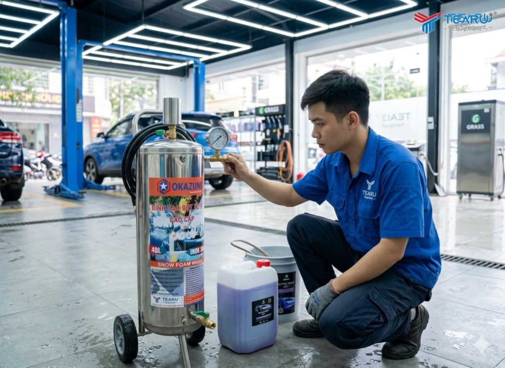 Thiết Bị Hỗ Trợ Rửa Xe Nhanh Sạch Được Nhiều Gara Tin Dùng 3 Bình phun bọt tuyết inox okazune có thể xịt 1 lần nhiều xe tiết kiệm thời gian và dung dịch