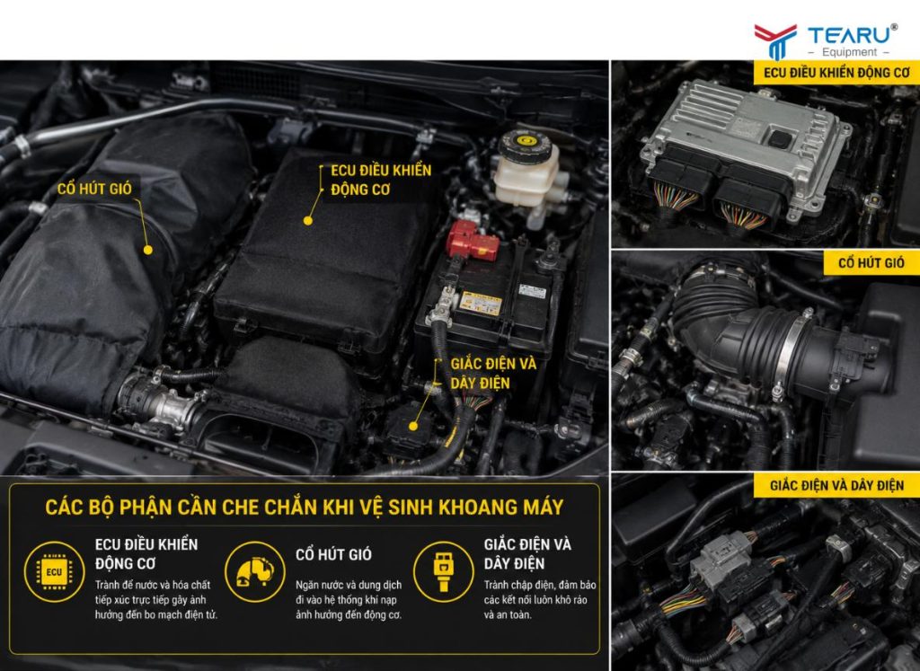 Vệ Sinh Khoang Máy Ô Tô: Các Bộ Phận Cần Che Chắn Cẩn Thận 2 Hạn chế xịt nước mạnh trực tiếp vào các vị trí mạch điện